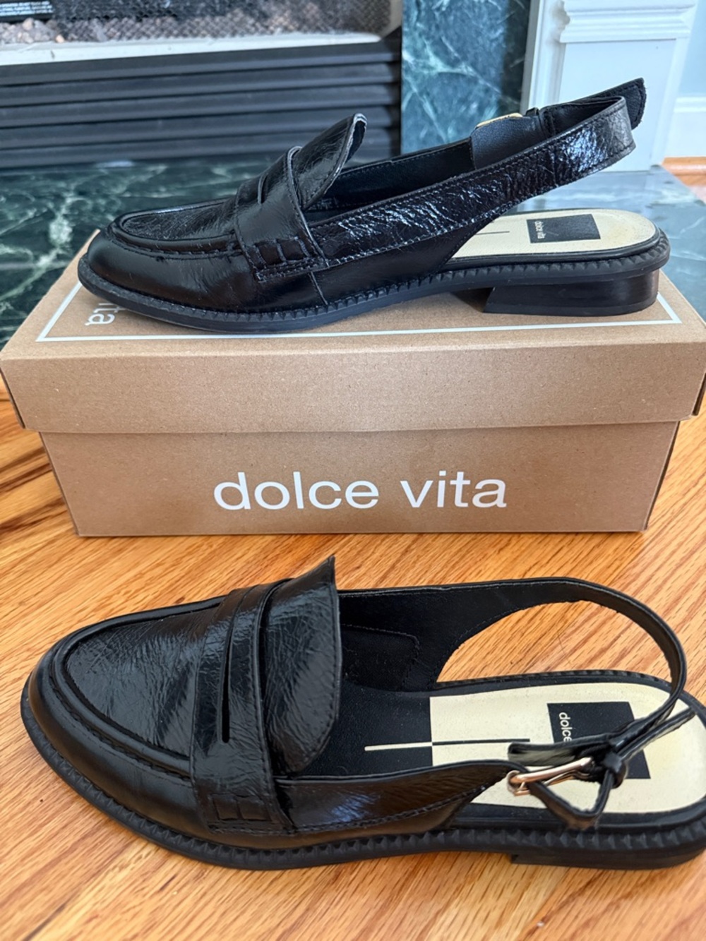 Dolce Vita Black Patent Slingback Penny Loafer Mules